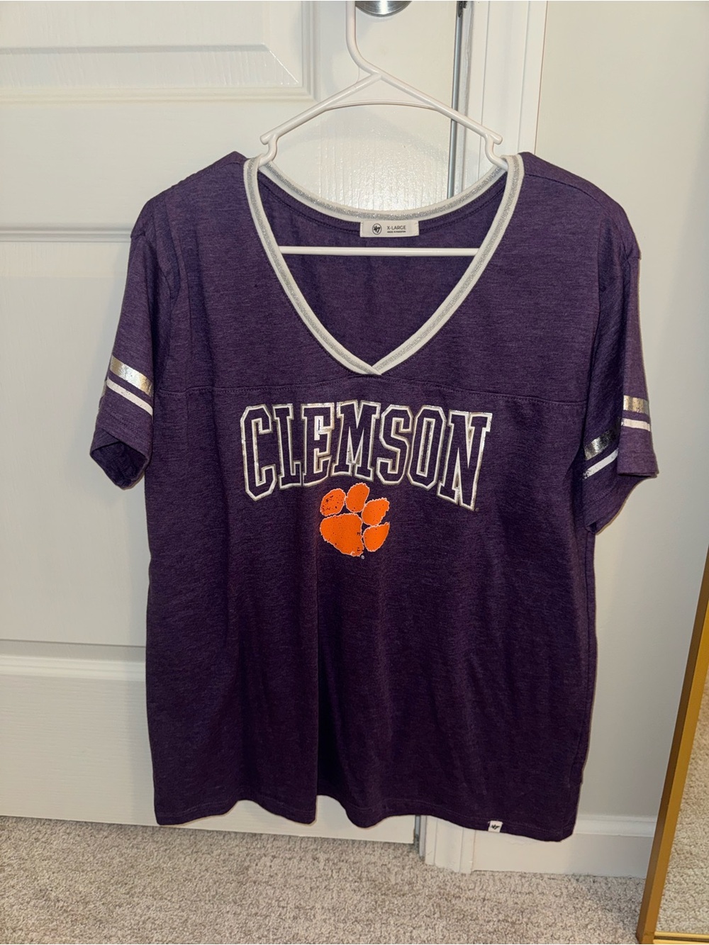 Clemson V-Neck Tee with White Trim, 47 Brand Purple